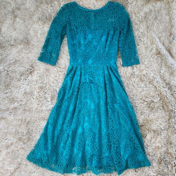 Tatyana Retro Pin-up Circle Dress Turquoise Floral Lace 3/4 Sleeve Size XS - Picture 1 of 13